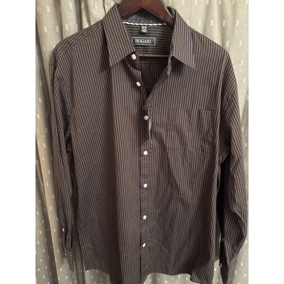Bogari Other - Bogari Mens Dark Brown Green Striped Cotton Button Down Shirt L 16.5 35.5 NWT